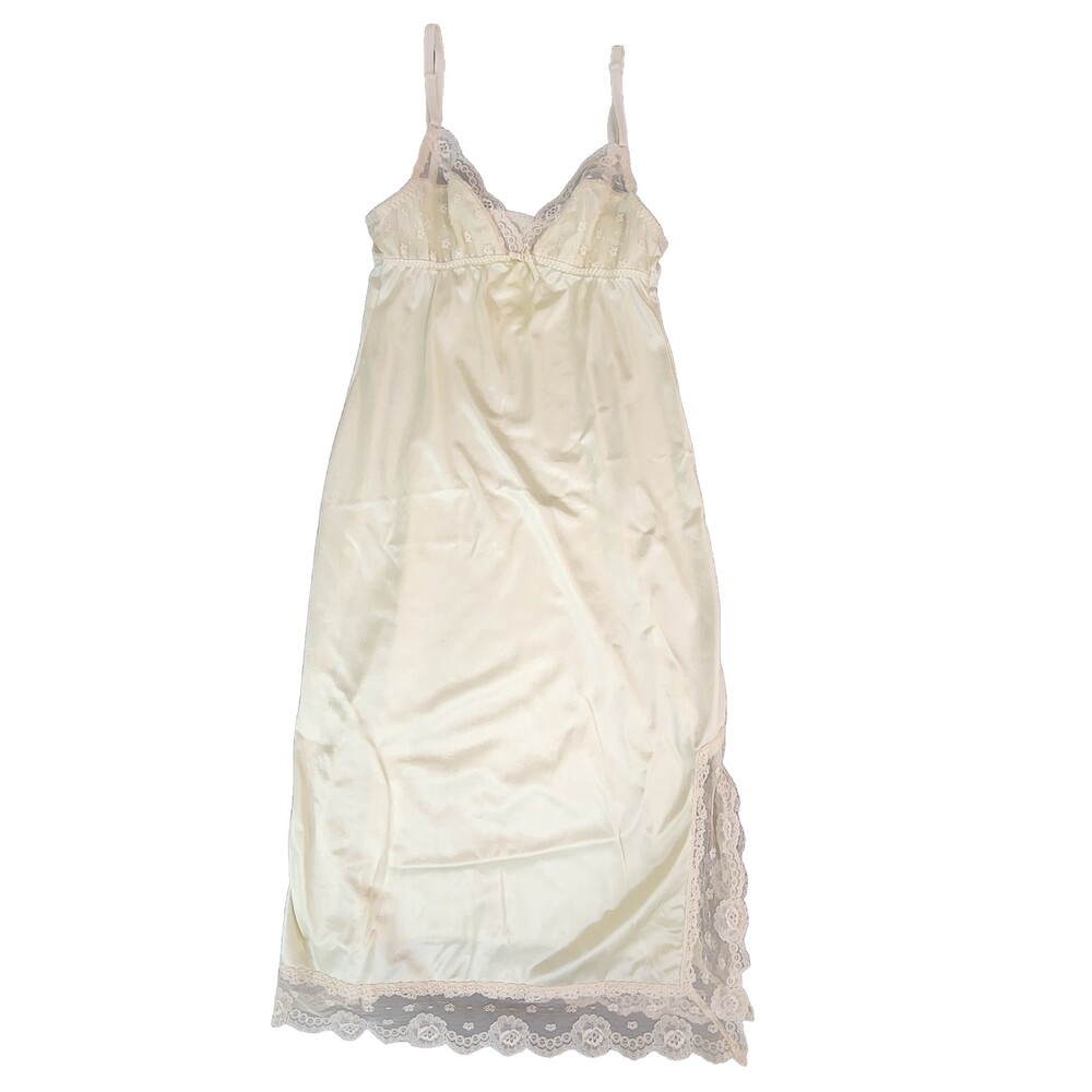Vtg Warners Whimsies Full Slip Dress Sz 32 Pale Yellow Lace Antron Nylon   #2231